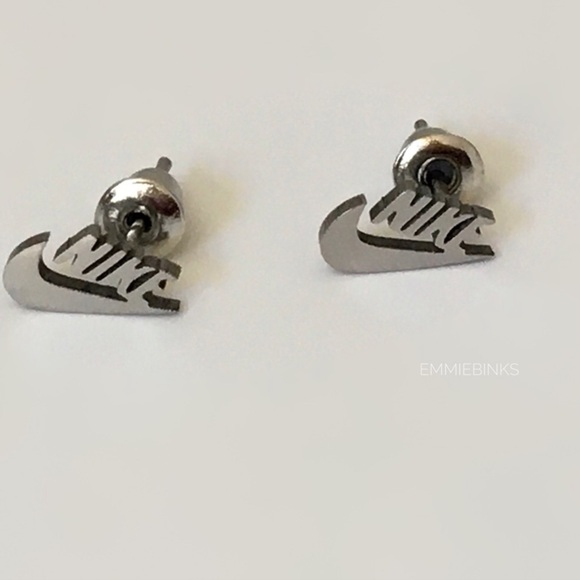 New Minimalist Nike Swoosh Silver Stainless Steel Earrings ~ Nike Stud Earrings - Picture 5 of 11